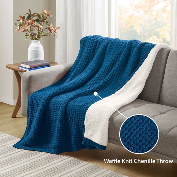 Madison Park Rowan 50x60" Contemporary Chenille Waffle Knit Throw in Navy