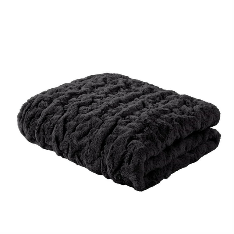 Madison Park Ruched Fur Polyester Solid Long Fur Throw with Black
