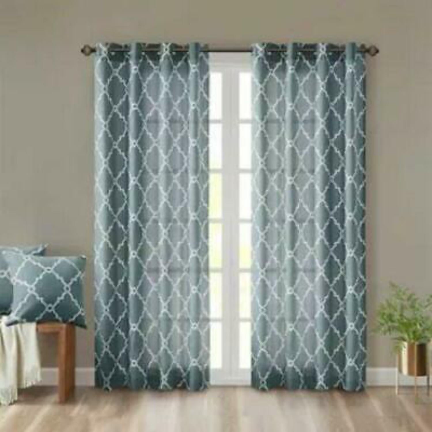 Puddle Length Blue and White Grommet Cotton Blend Curtains