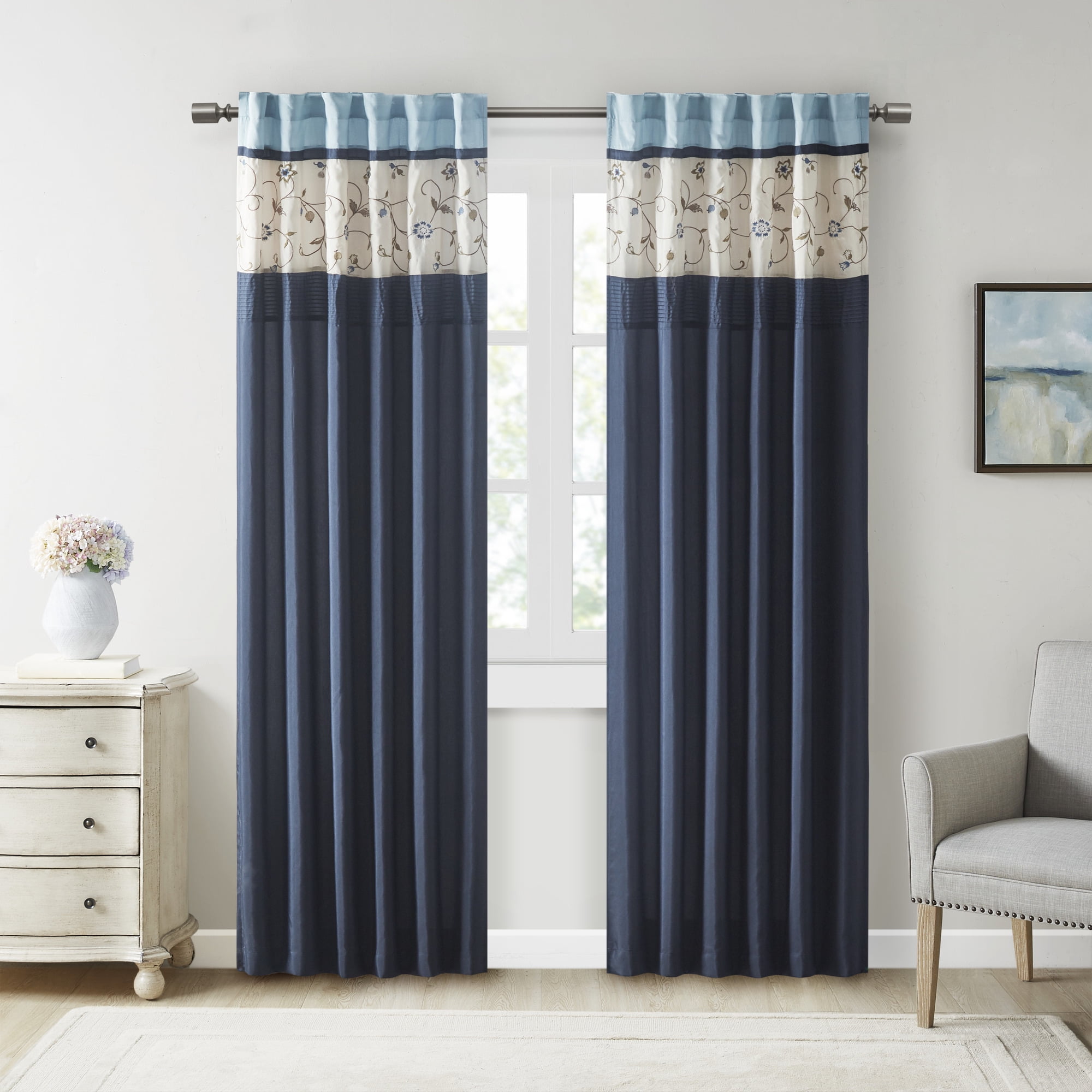 Navy Embroidered Light Filtering Pleated Curtain Panel