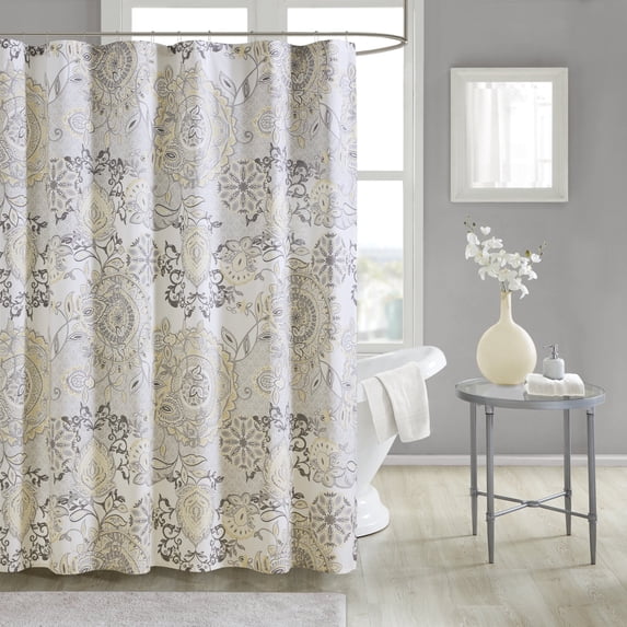 Madison Park Shower Curtain, Bohemian Floral Bathroom Curtain W/ 12 Button Holes, Yellow, 72" x 72"