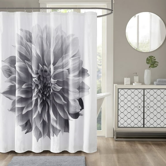 Madison Park Floral Shower Curtain, Washable, 12 Button Holes, Grey, 72" X 72"