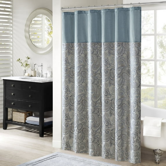 Madison Park Shower Curtain, Jacquard Bathroom Curtain with/ 12 Button Holes, Teal, 72” x 72"