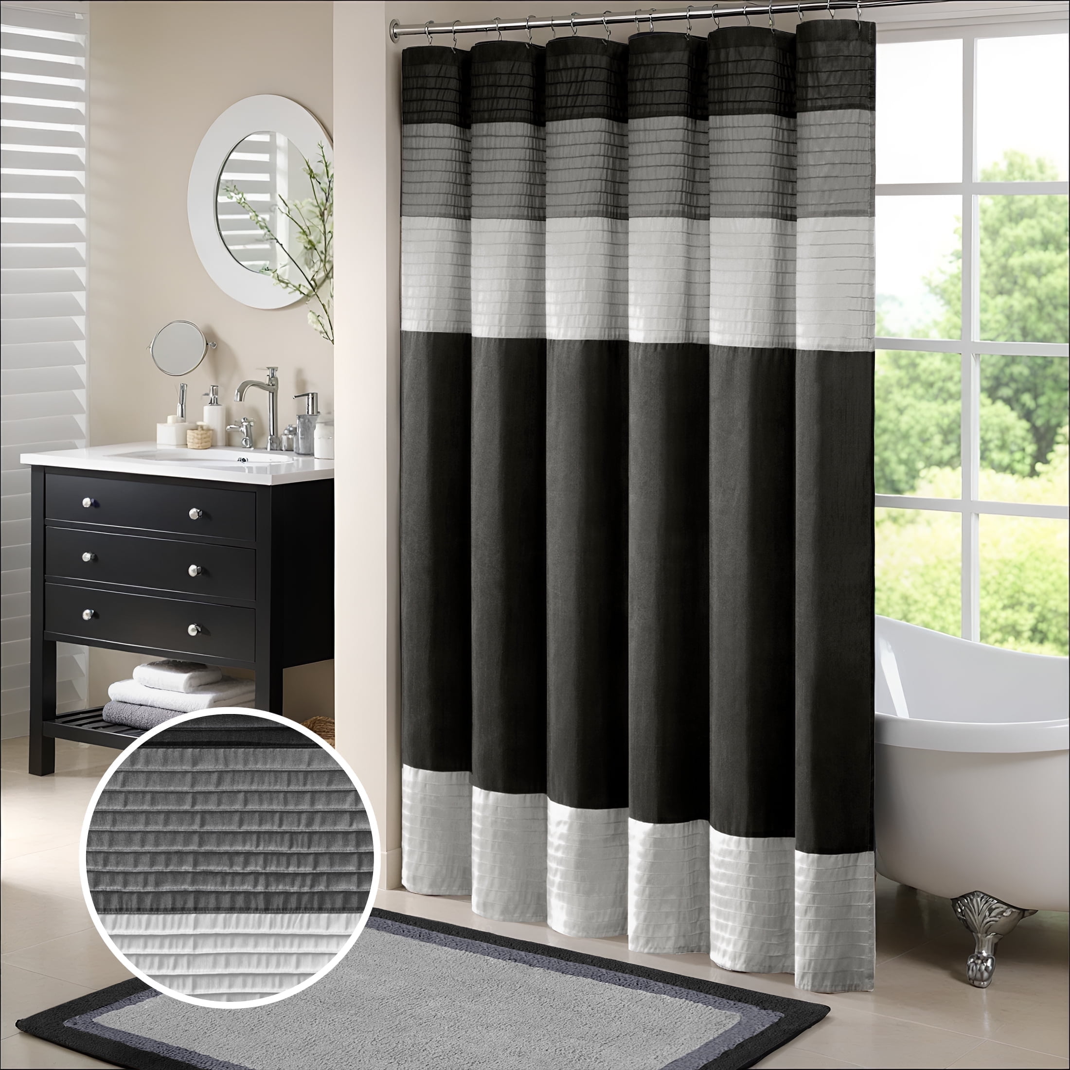 Black and Gray Faux Silk Striped Shower Curtain
