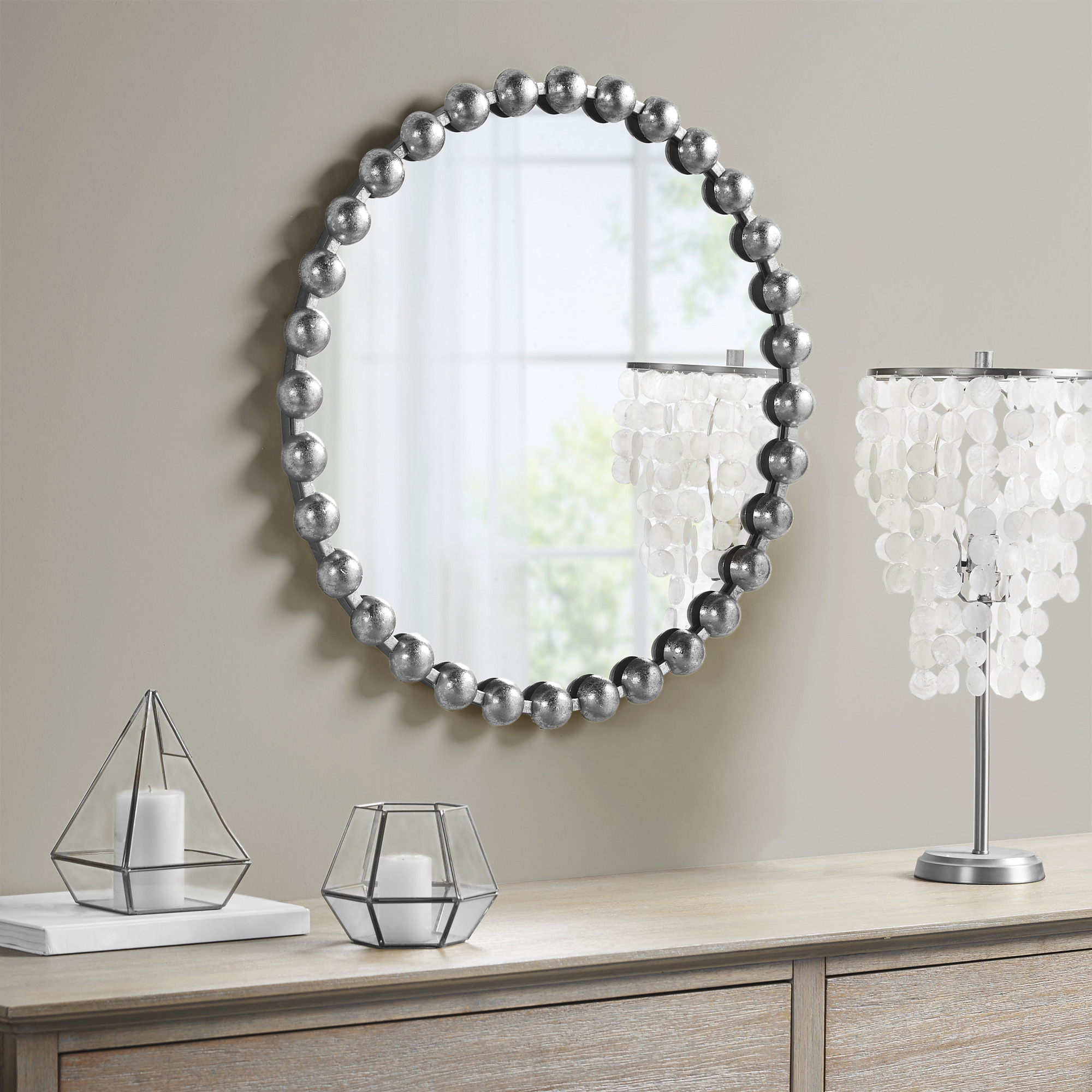 Madison Park Signature Marlowe Beaded Round Wall Mirror 27"D in Silver
