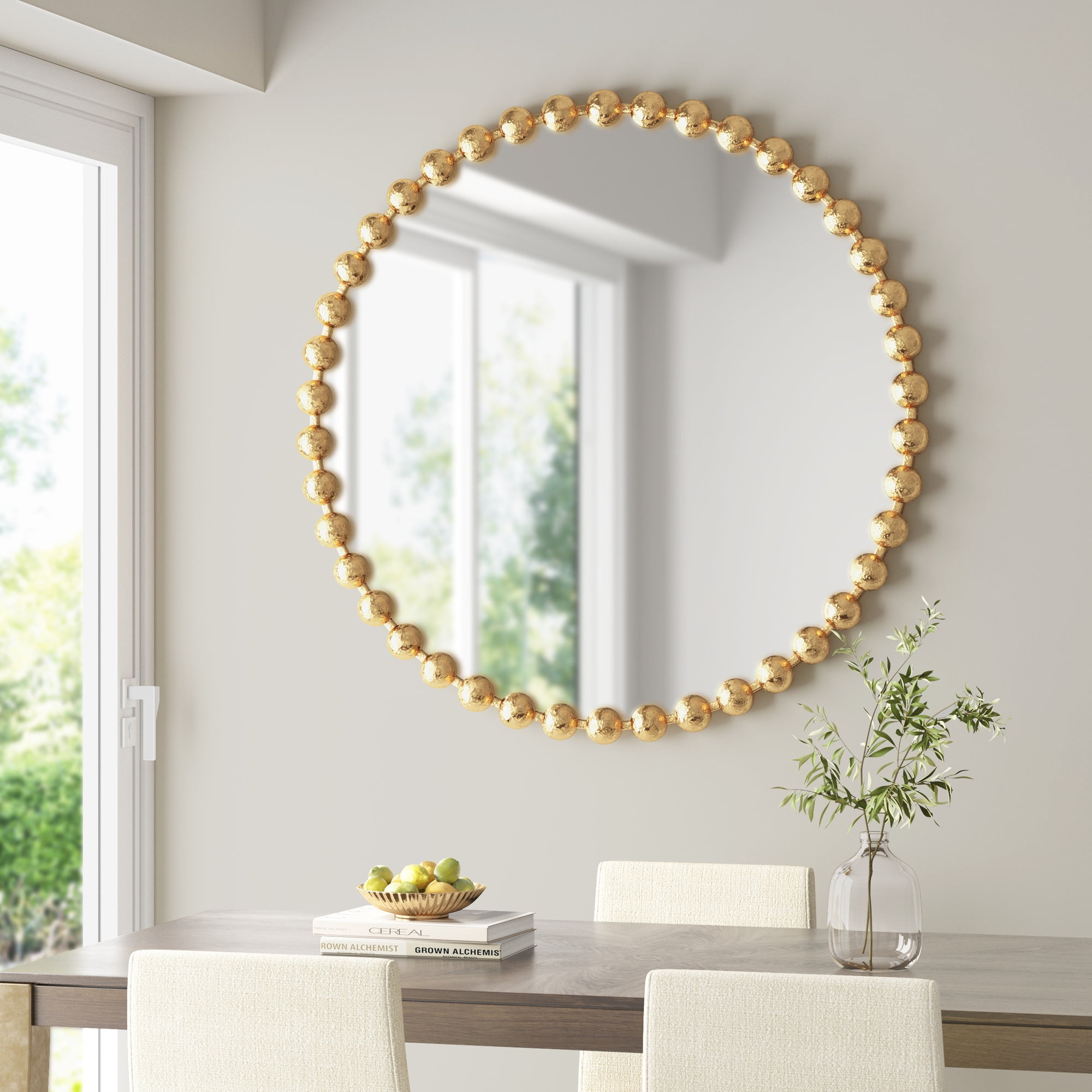 36" Round Gold Beaded Metal Wall Mirror