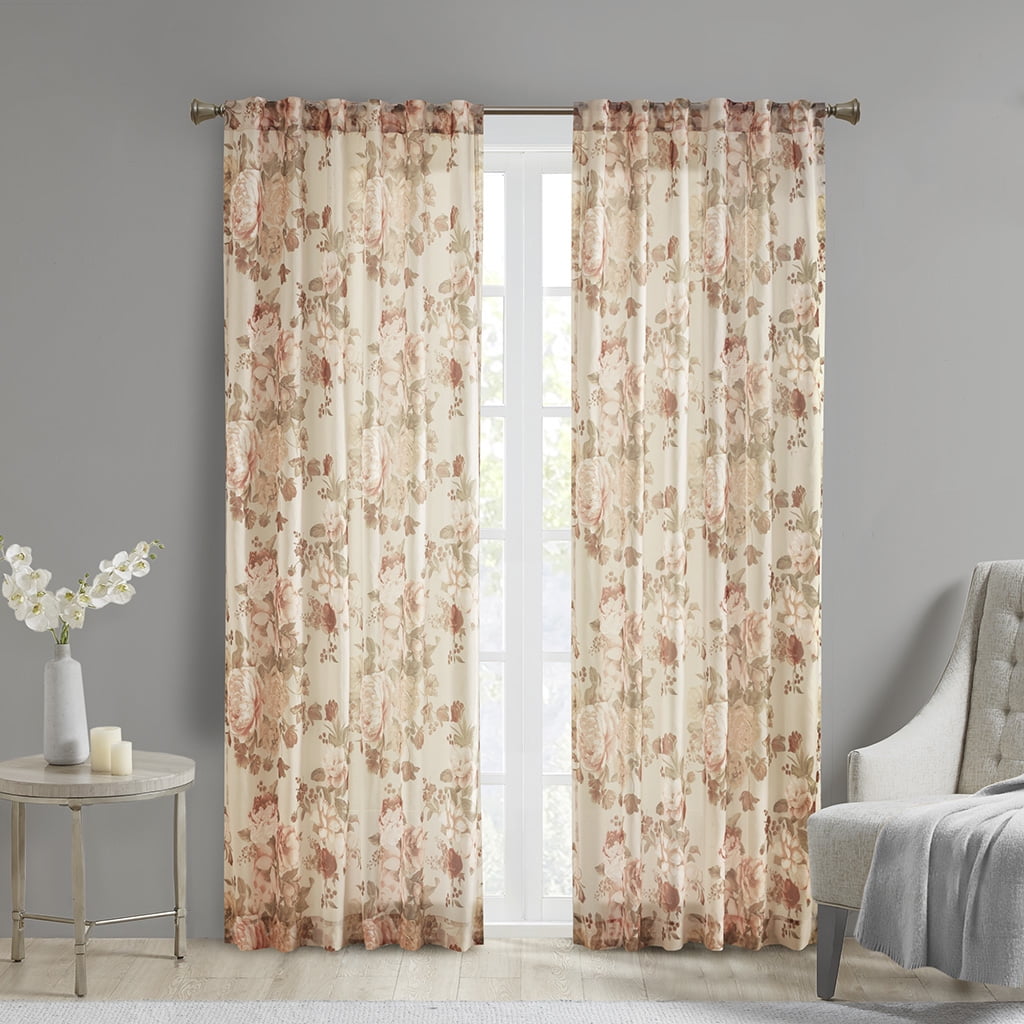 Blush Floral Sheer Curtain Panel with Rod Pocket