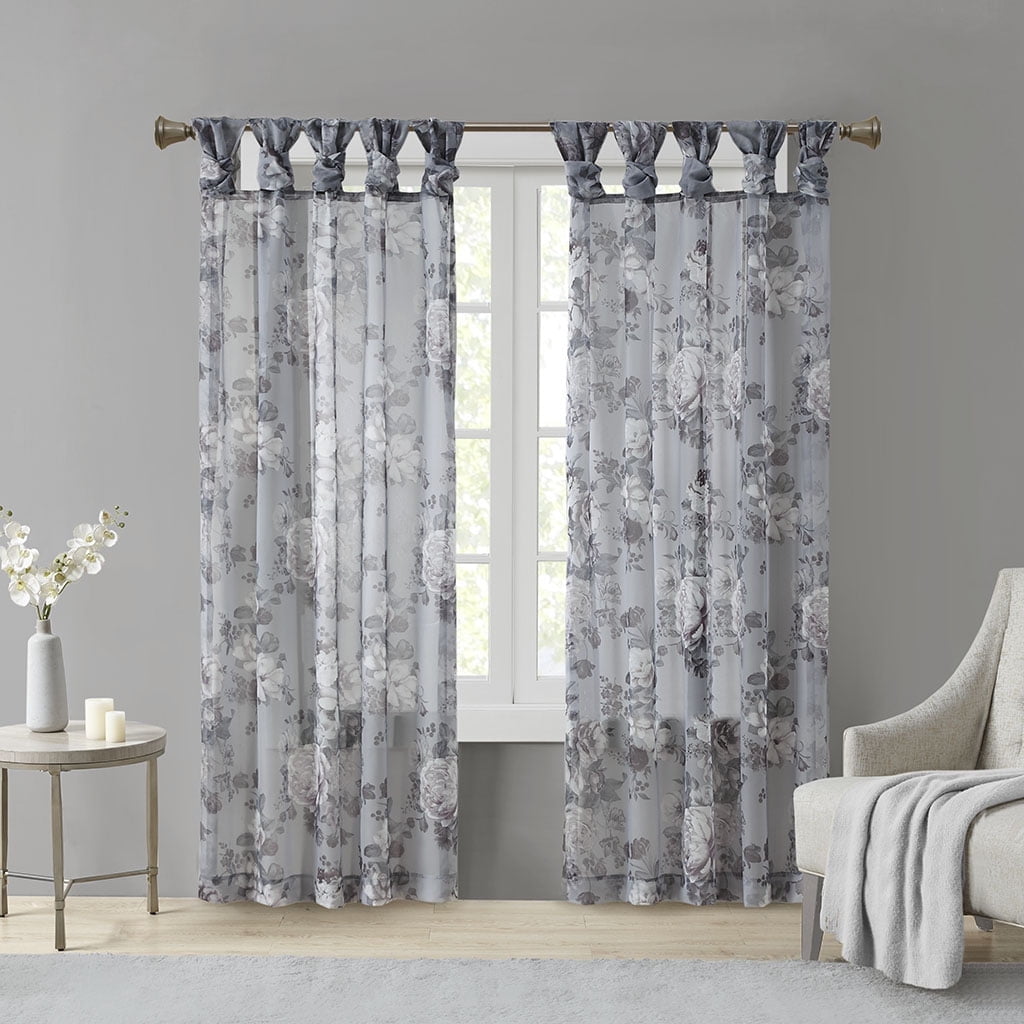 Gray Floral Twist Tab Top Sheer Polyester Curtain Panel