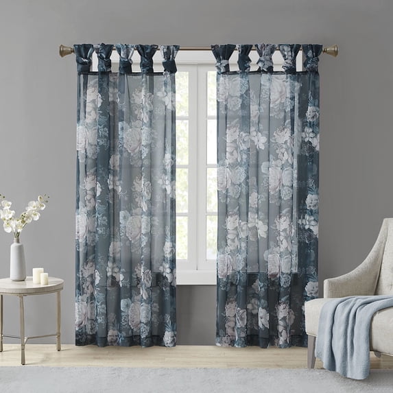 Madison Park Simone Printed Floral Twist Tab Top Voile Sheer Curtain in Navy, 50"x84"