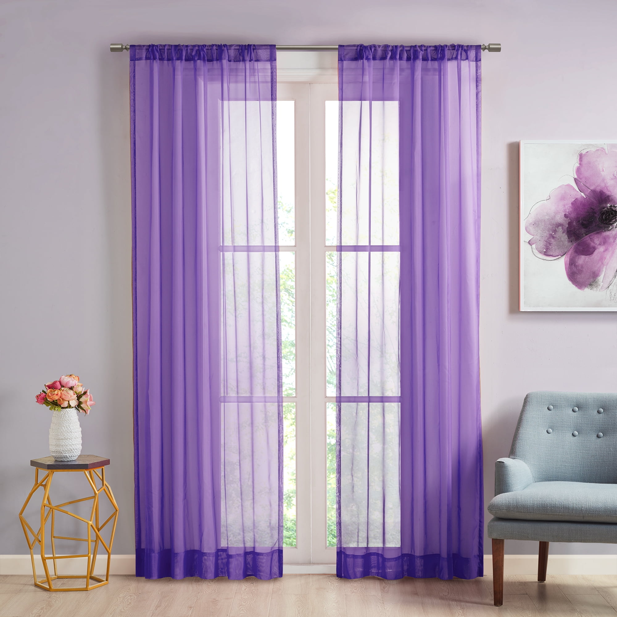 Madison Park Solid Voile 1 Piece Purple Sheer Window Curtain, 50"x 95"