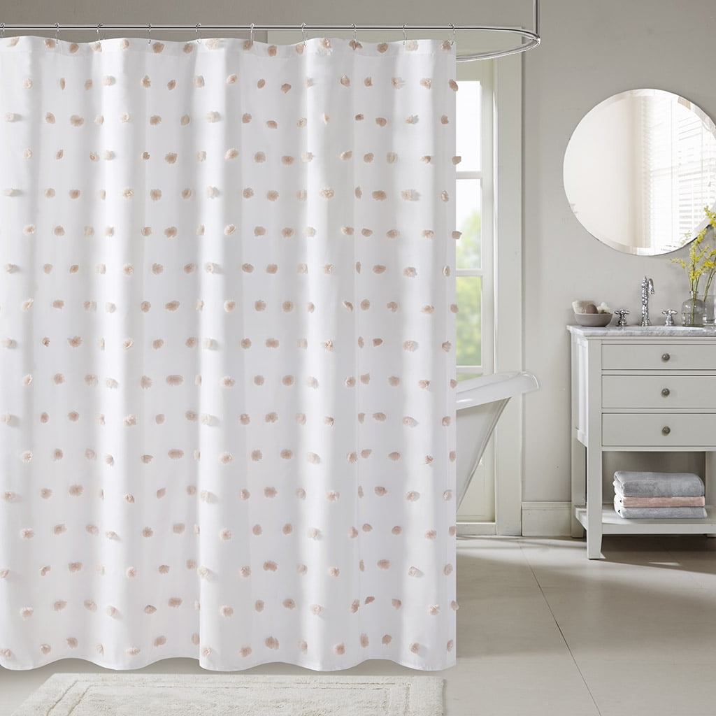 White Polyester Shower Curtain with Blush Pom Poms