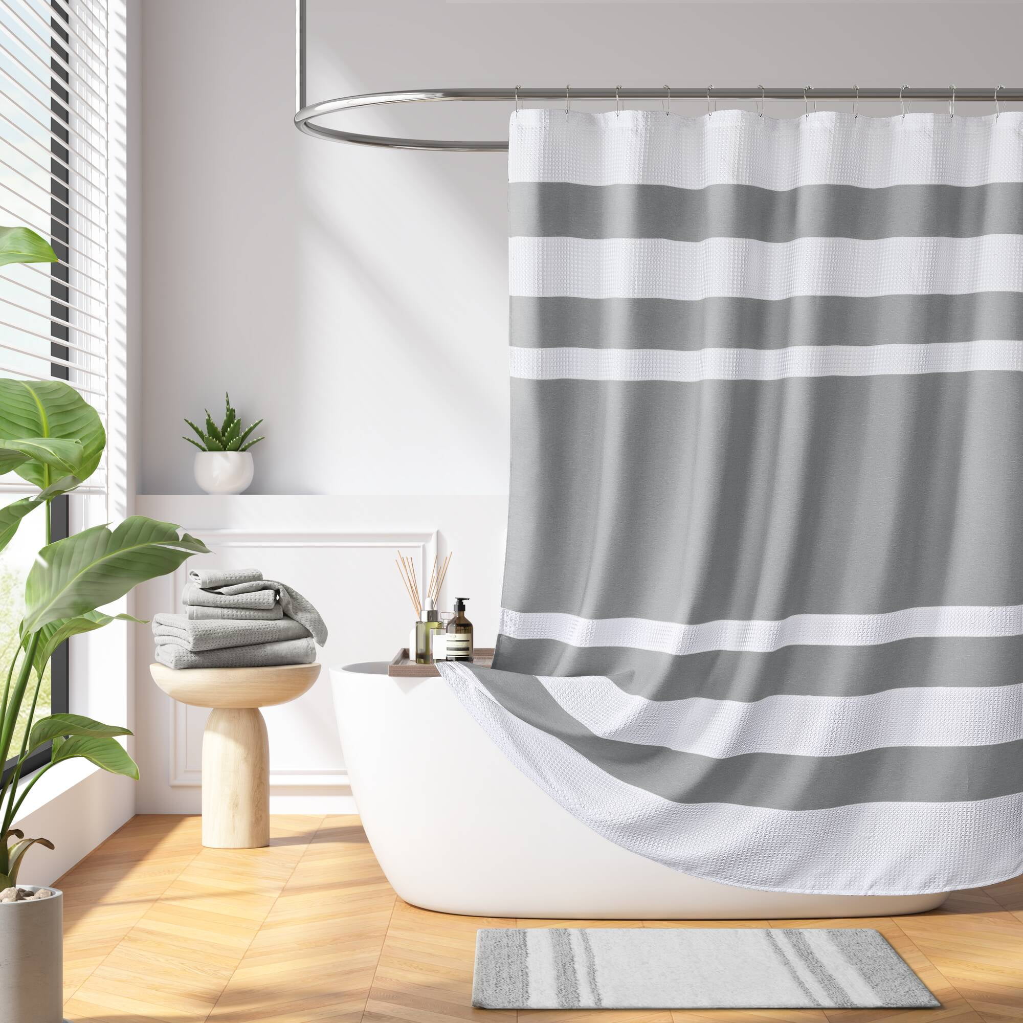 Gray and White Waffle Weave Striped Shower Curtain
