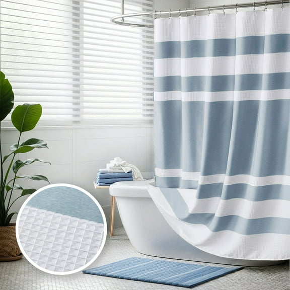 Madison Park Blue Waffle Shower Curtain, Stripe Spa Shower Curtain for Bathroom Decor, Waterproof Shower Curtain for Bathroom, 72x84"
