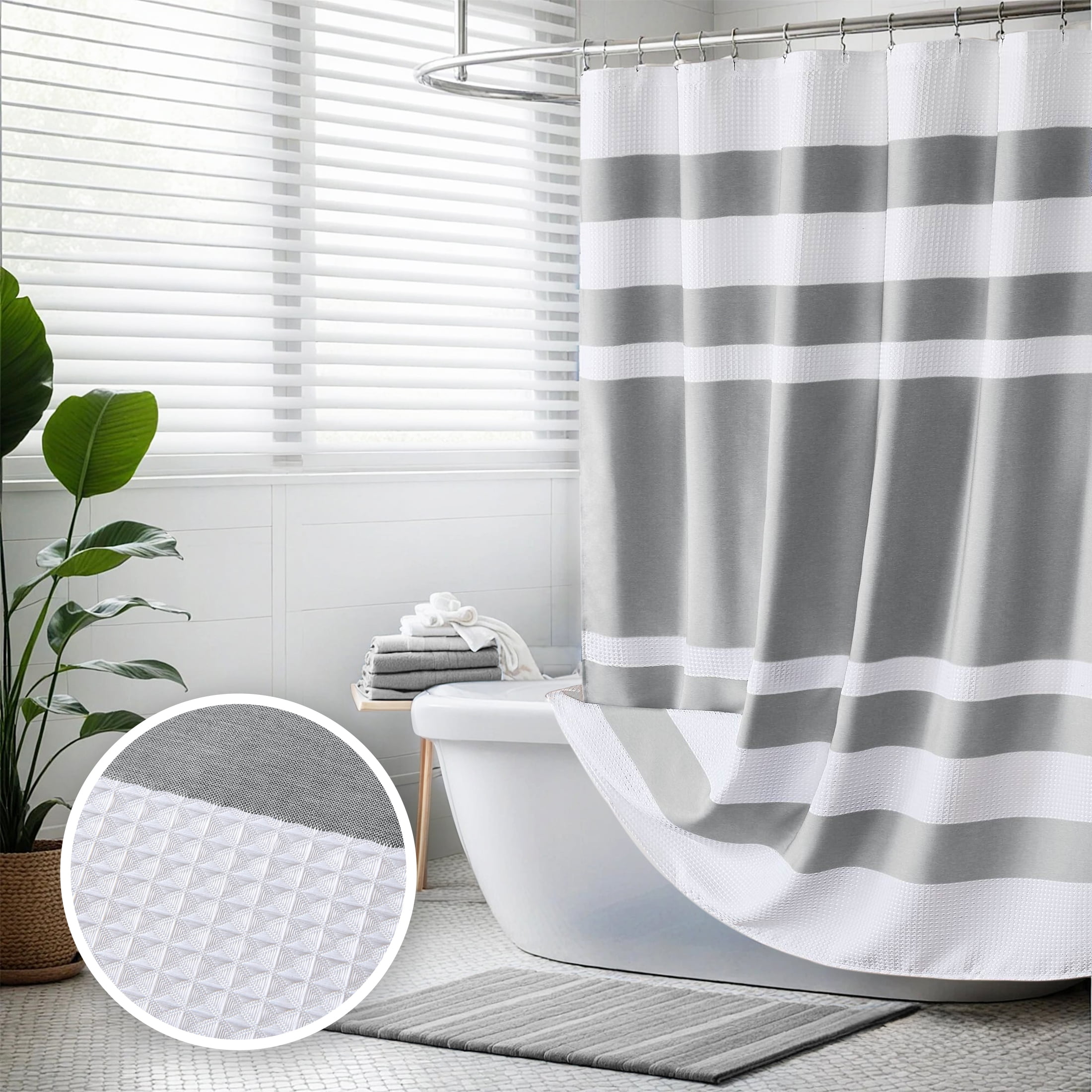 Gray and White Waffle Weave Fabric Shower Curtain