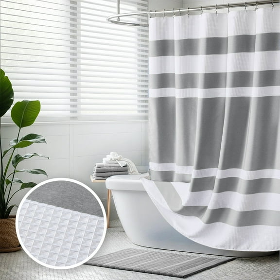OLLIIX Spa Waffle Madison Park Curtain Modern Gray Stripes Waffle Weave Fabric Shower Curtain 84" x 72"
