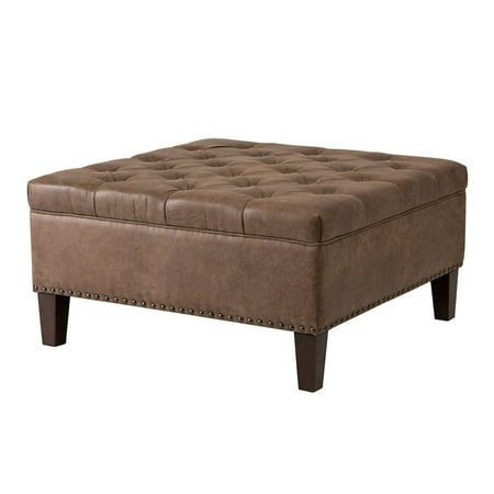 Madison Park Square Tufted Large Faux Leather, All Foam, Wood Frame Brown Cocktail Ottoman Modern Design Coffee Table