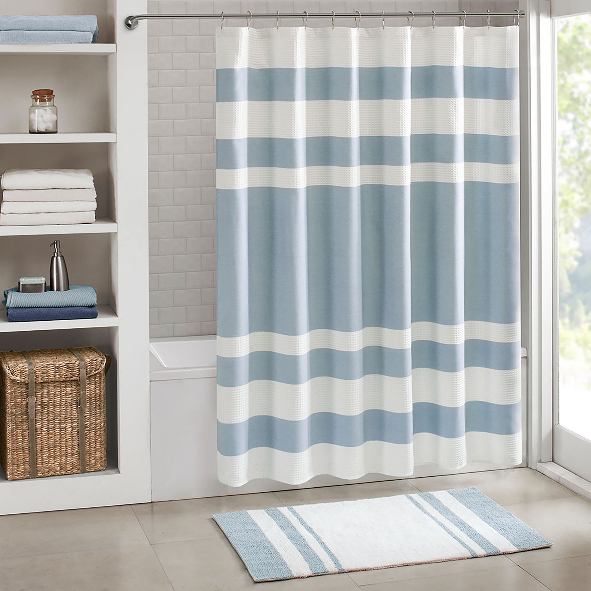 Blue and White Striped Fabric Shower Curtain