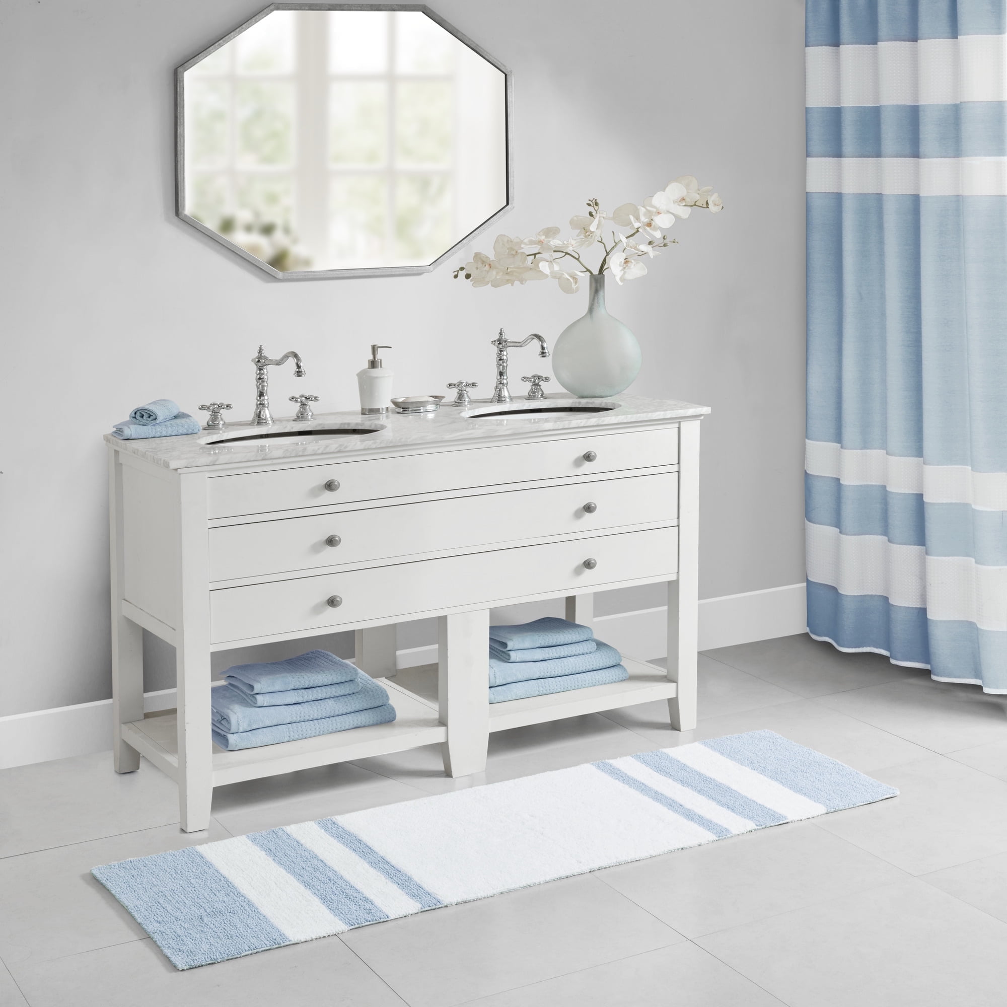 Blue and White Cotton Reversible Bath Rug