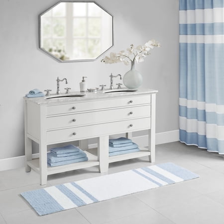 Madison Park Striped Reversible Bathroom Rug, Cotton Bath Rug, Blue, 27" x 45"