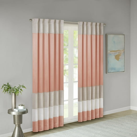 Madison Park Stripes Pintuck Lined Curtain Panel, 50" x 84", Coral