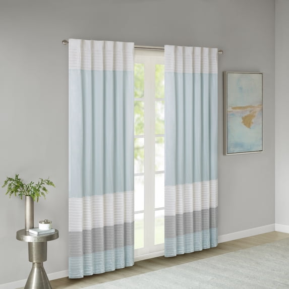 Madison Park Stripes Pintuck Lined Curtain Panel, 50" x 84", Aqua Blue