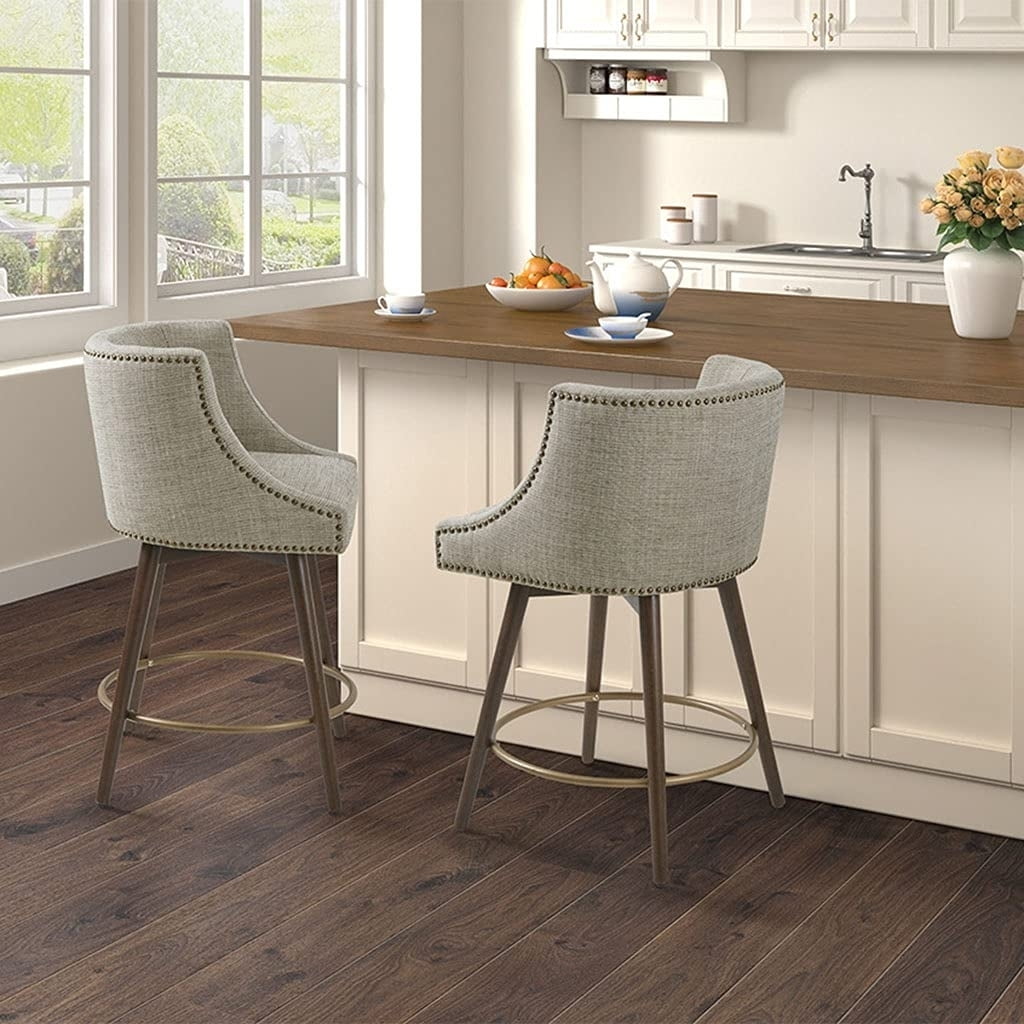 Grey Multi Tweed Swivel Counter Stool with Walnut Wood Legs