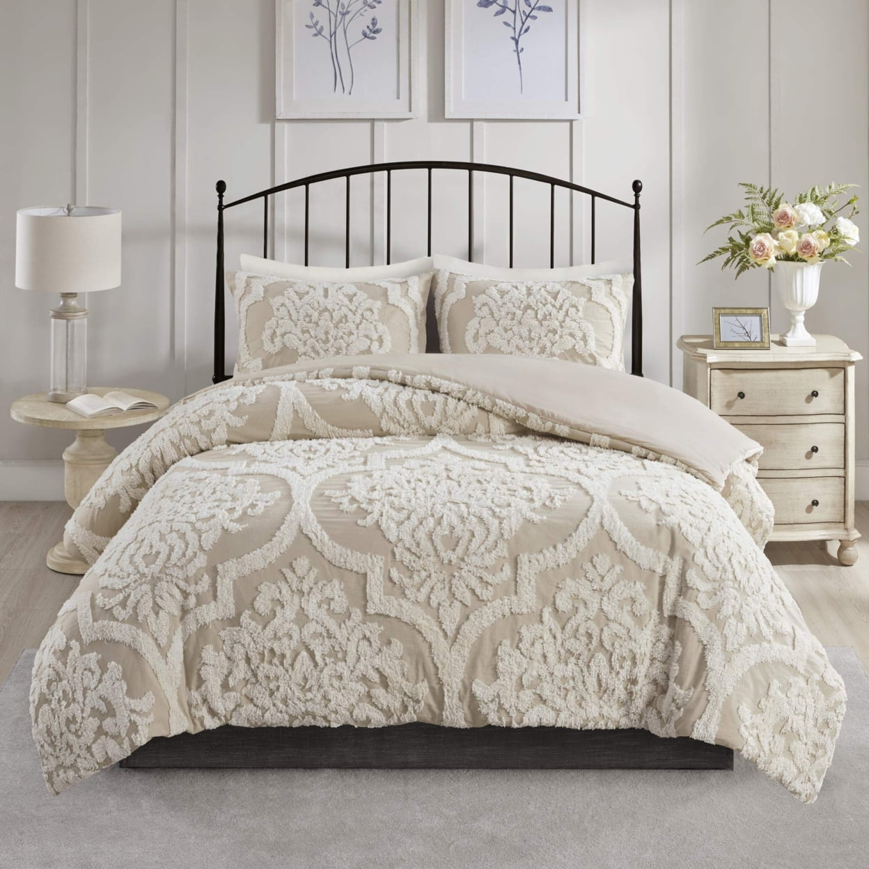 Viola Taupe Full/Queen Cotton Chenille Damask Duvet Set