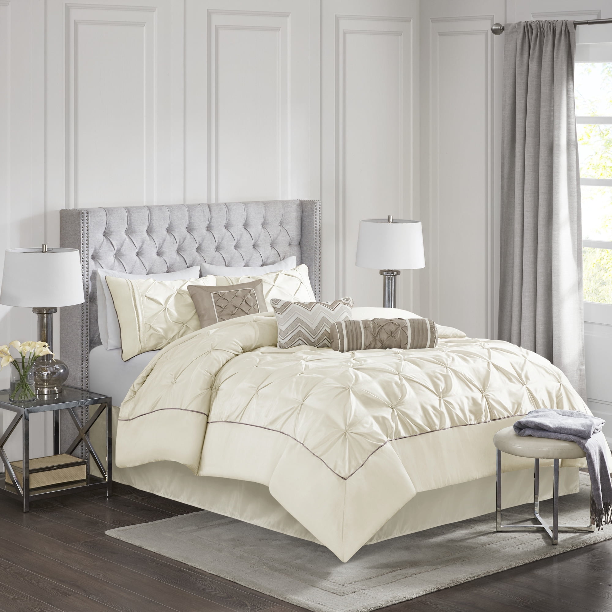 Ivory Queen 7-Piece Tufted Comforter Set with Stripes
