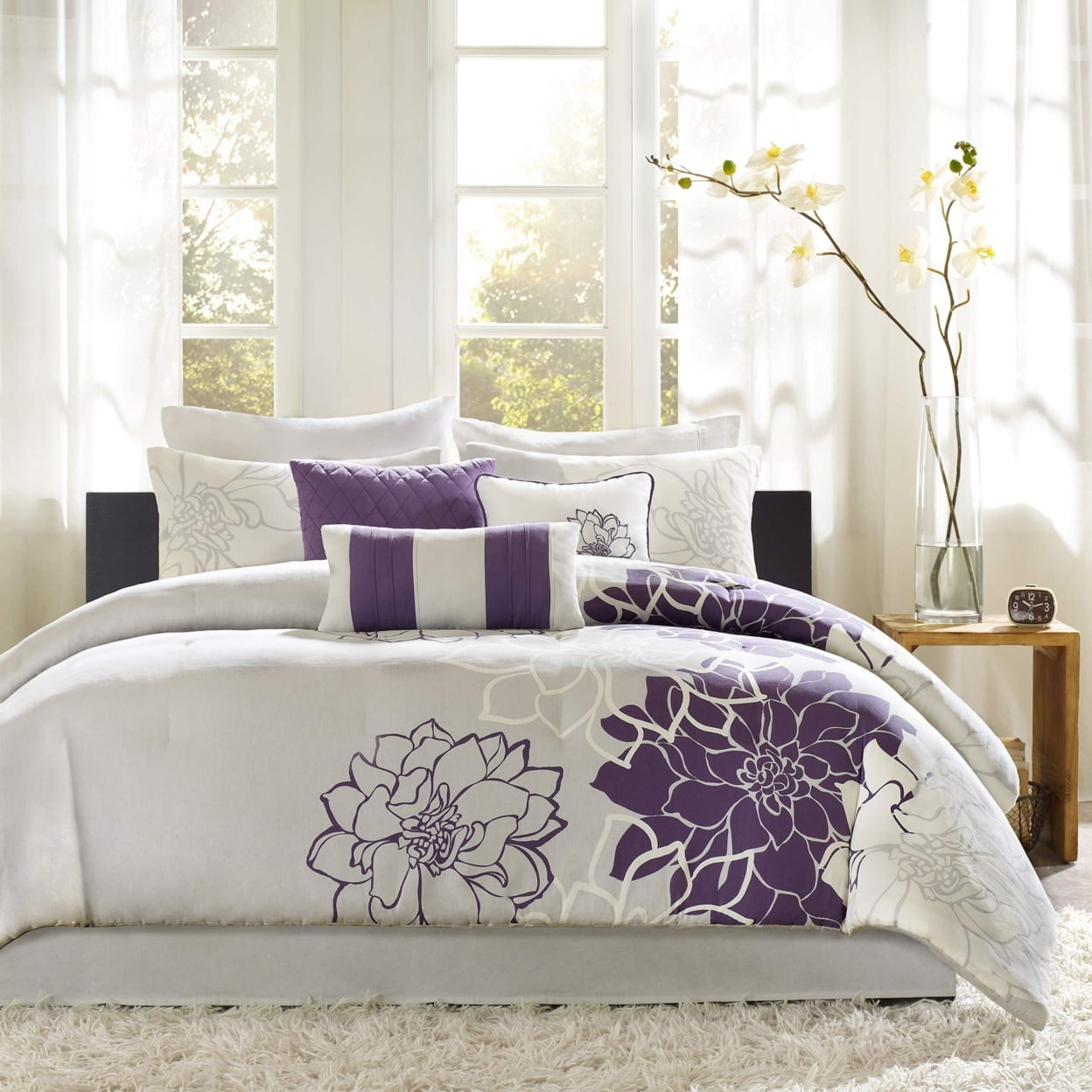 Twin Gray and Purple Floral Cotton Comforter Set