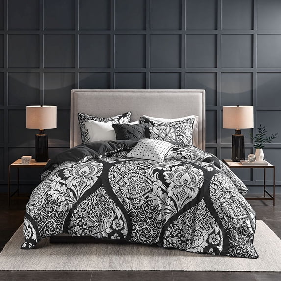Madison Park Vienna Bedding 6 - Piece Full/Queen Lightweight Duvet Cover 100 Cotton Bedroom Decor - Black
