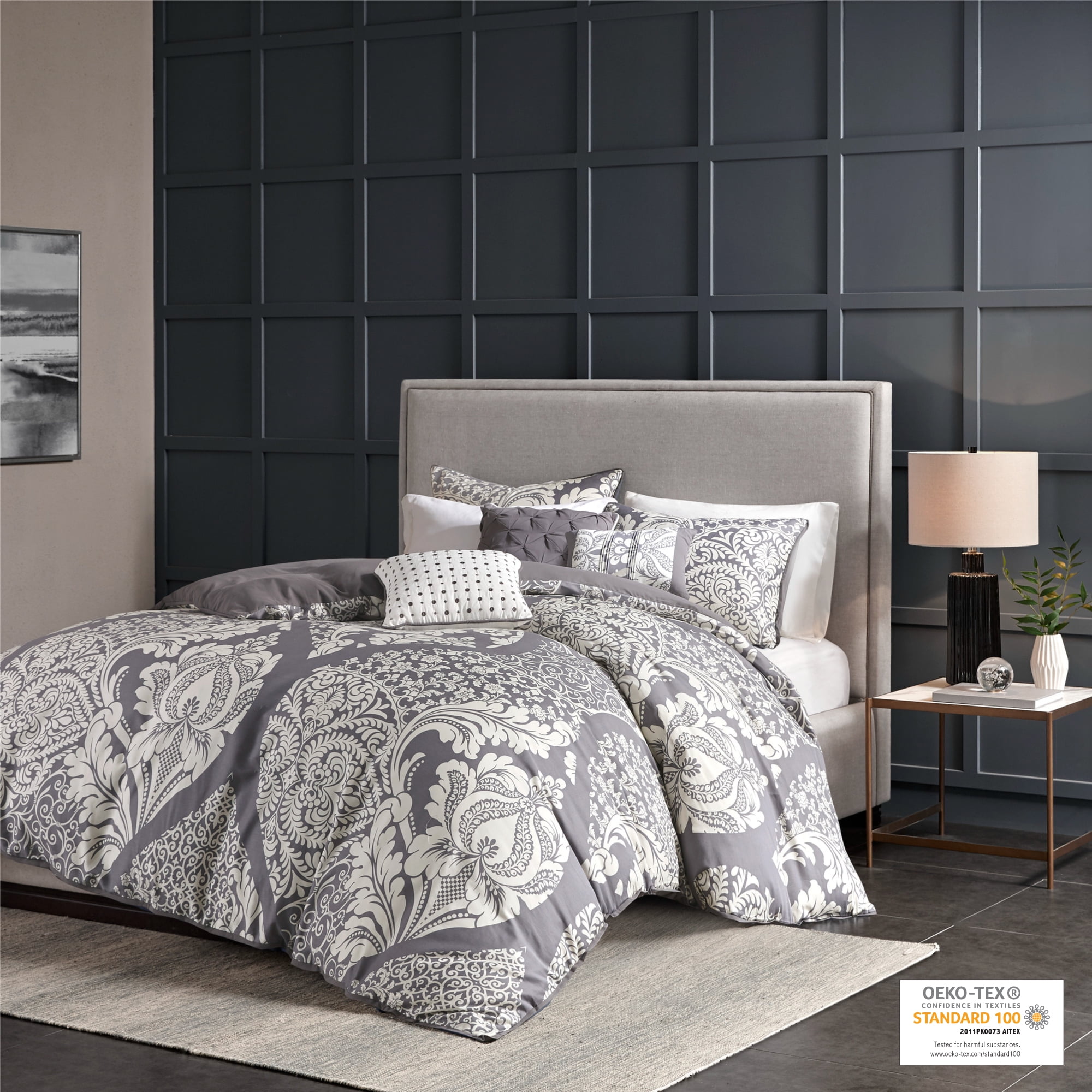 Gray Cotton Sateen Damask 6-Piece Duvet Cover Set