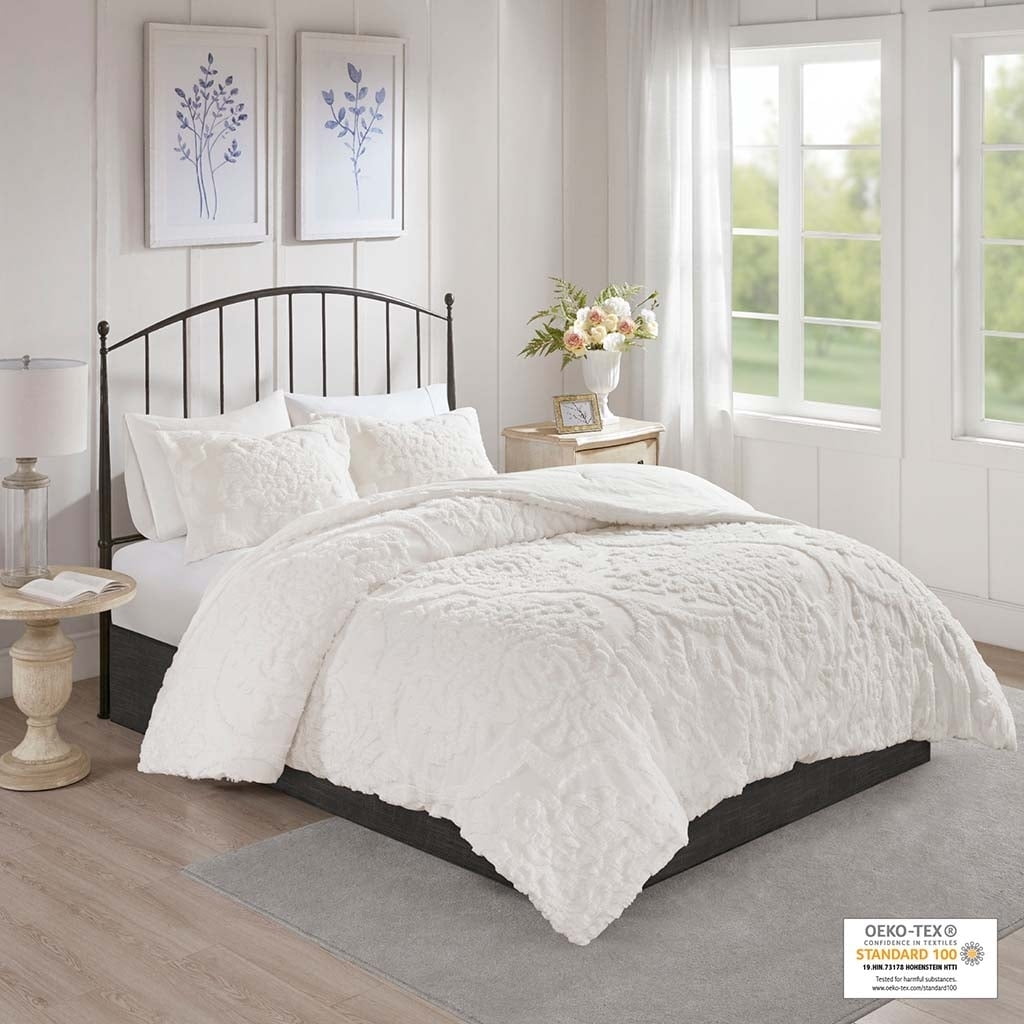 Viola White King Cotton Chenille Damask Comforter Set