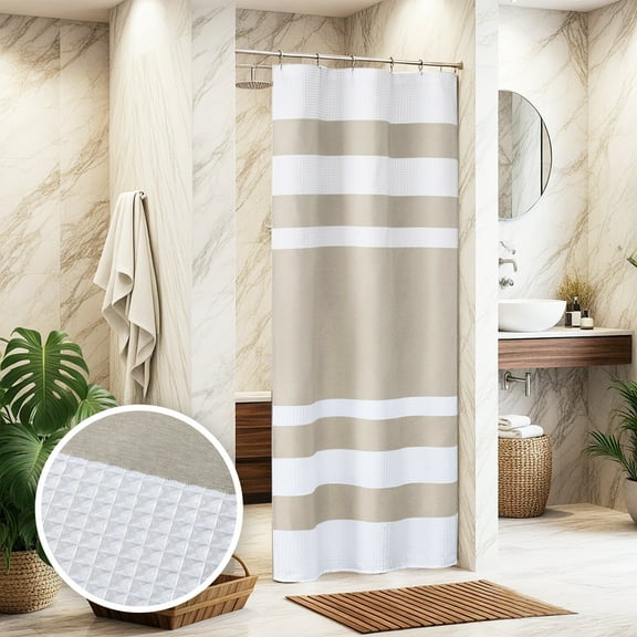 Madison Park Waffle Shower Curtain, Stripe Spa for Bathroom Décor, Taupe, 54" x 78"