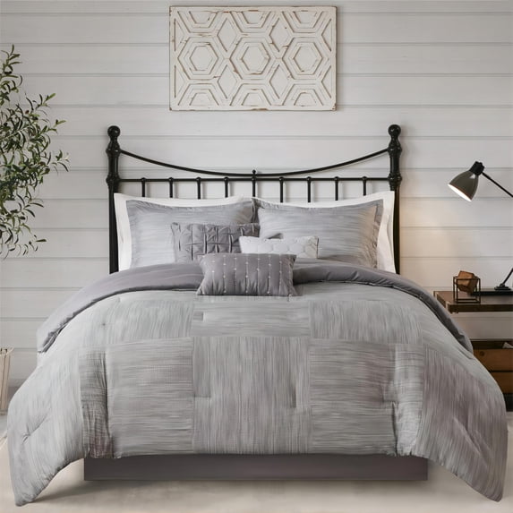 Madison Park Queen Size 7 Piece Printed Seersucker Comforter Set Grey,Bed in a Bag,All Season Bed Set,Cozy and Lightweight