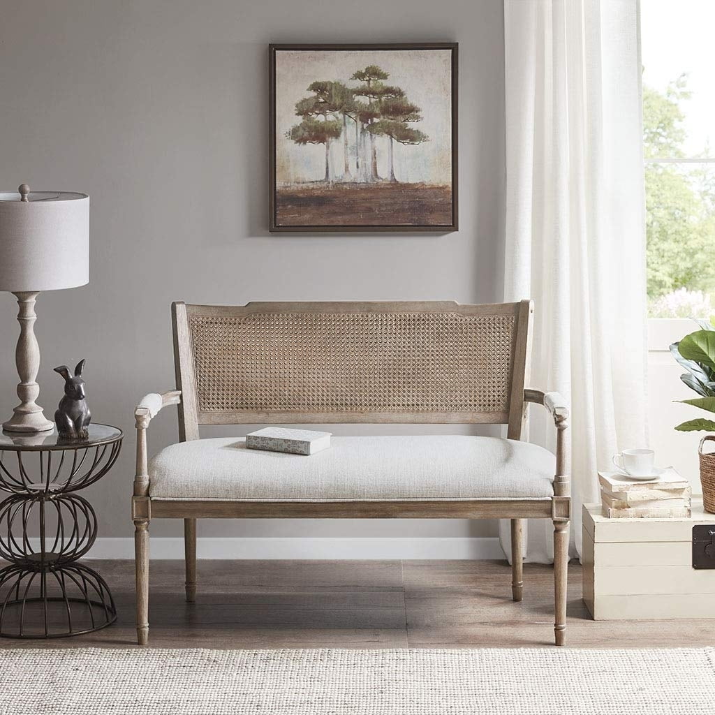 Beige Faux Leather Chesterfield Settee with Rattan Backrest