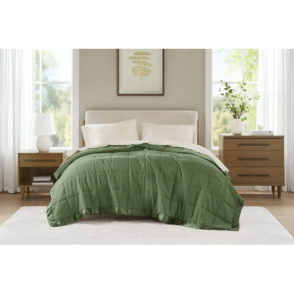 Madison Park Windom Lightweight Down Alternative Blanket with Satin Trim, Full/Queen - Green for Adults/Teens