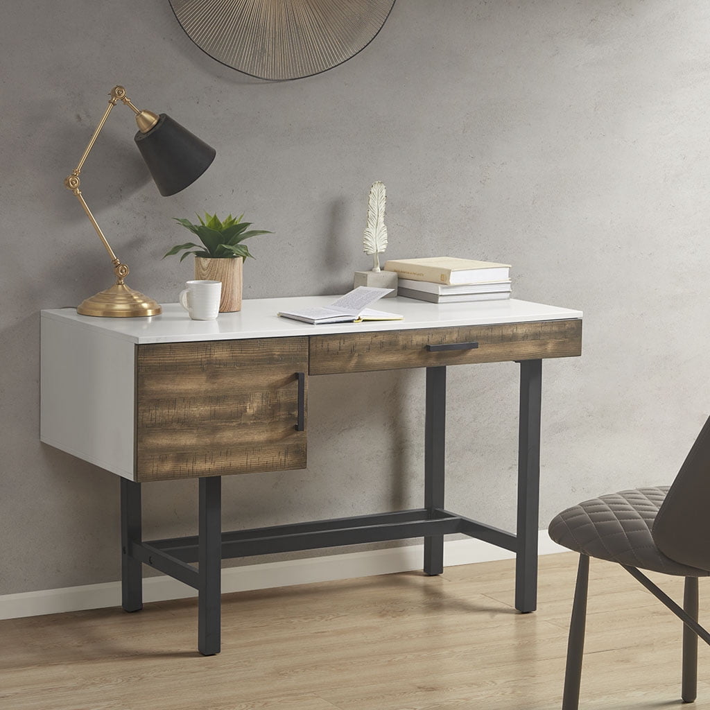 White and Brown Wood Writing Desk with Black Metal Legs and Drawer