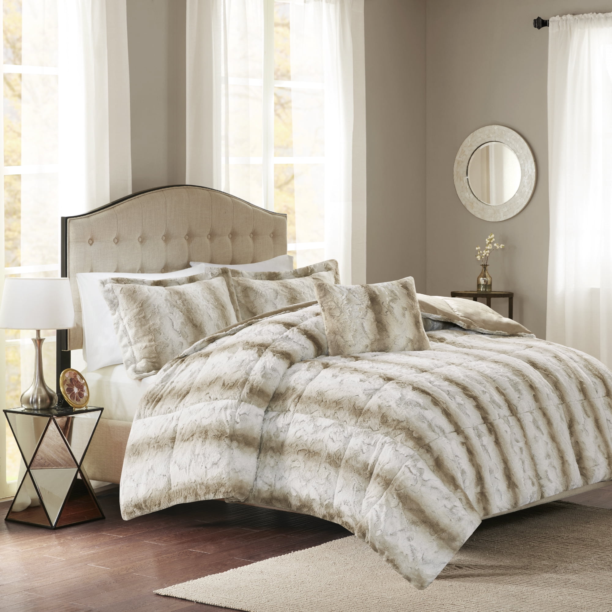 Madison Park Zuri 4PC Faux Fur Comforter Set, Full/Queen - Sand, Adult, All-Season