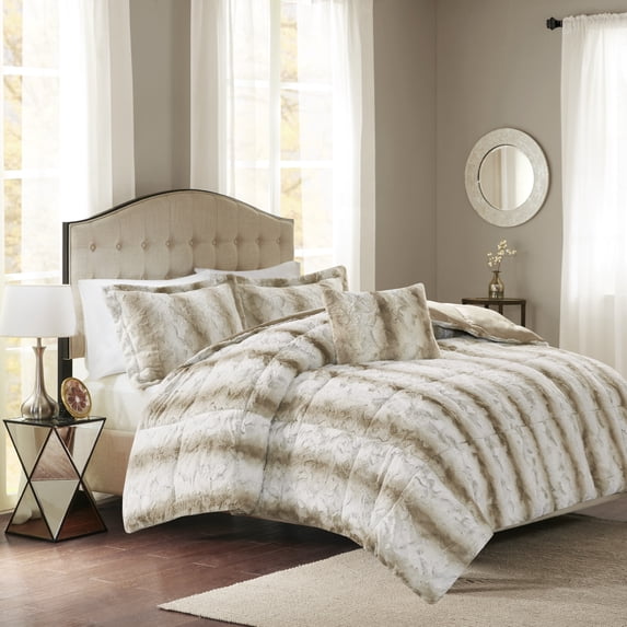 Madison Park Zuri 4PC Faux Fur Comforter Set, Full/Queen - Sand, Adult, All-Season