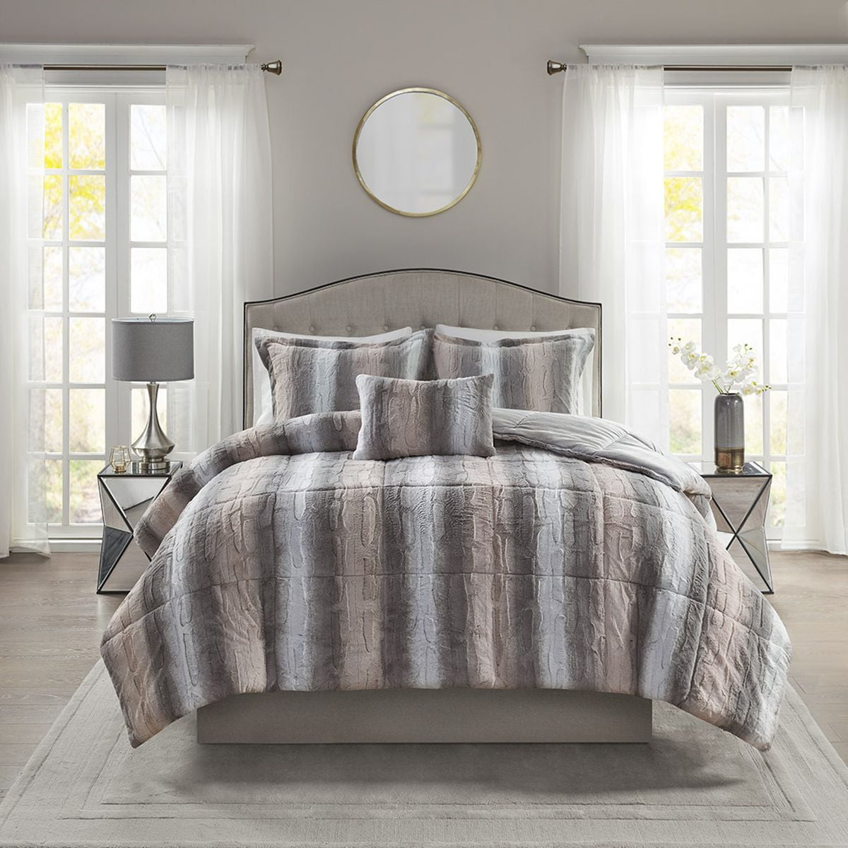 Blush and Gray Faux Fur Full Comforter Set