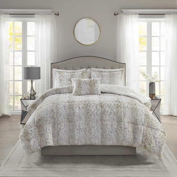 Madison Park Zuri King 4PC Faux Fur Comforter Set - Snow Leopard