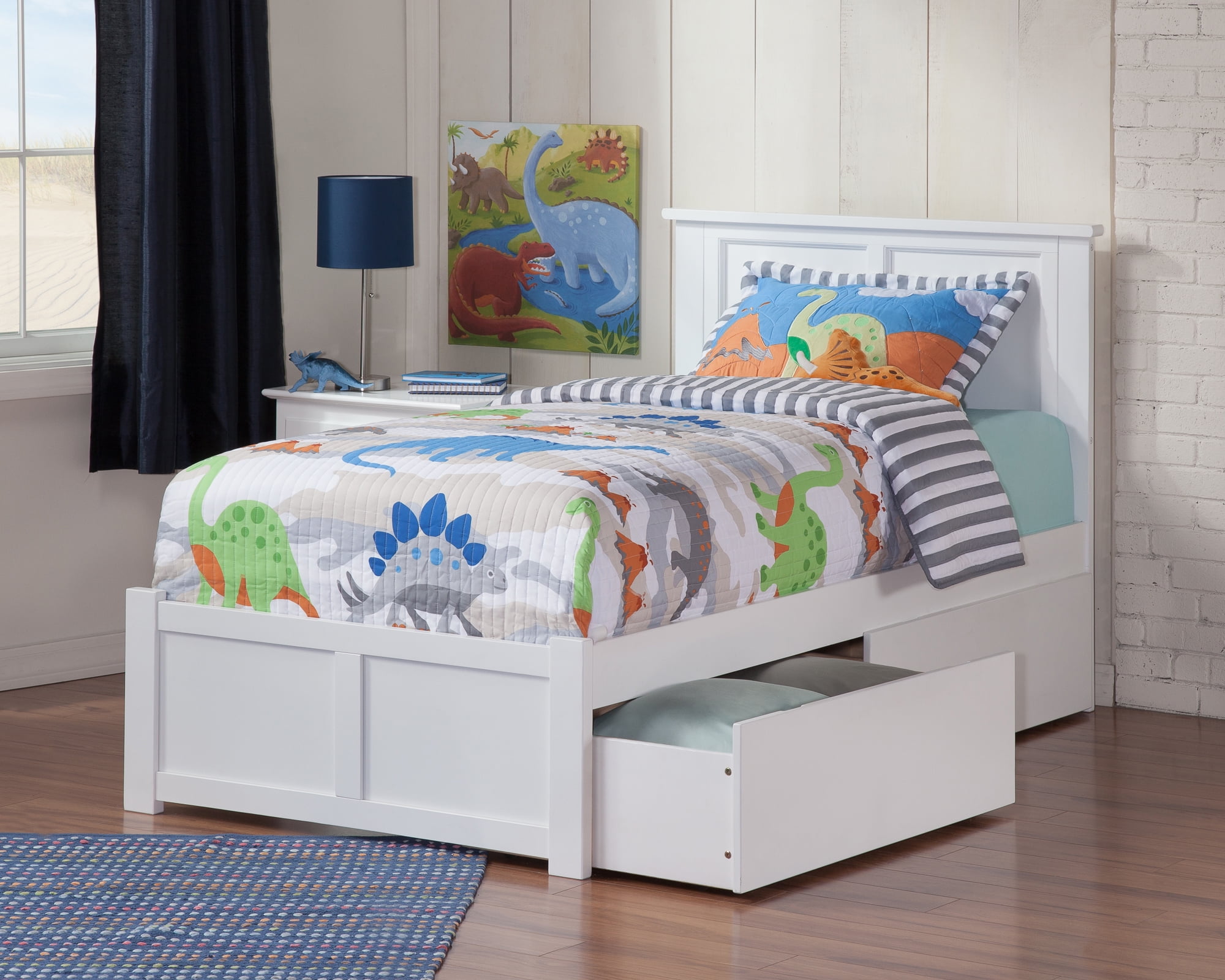 White Twin Wood Platform Bed with Storage Drawers