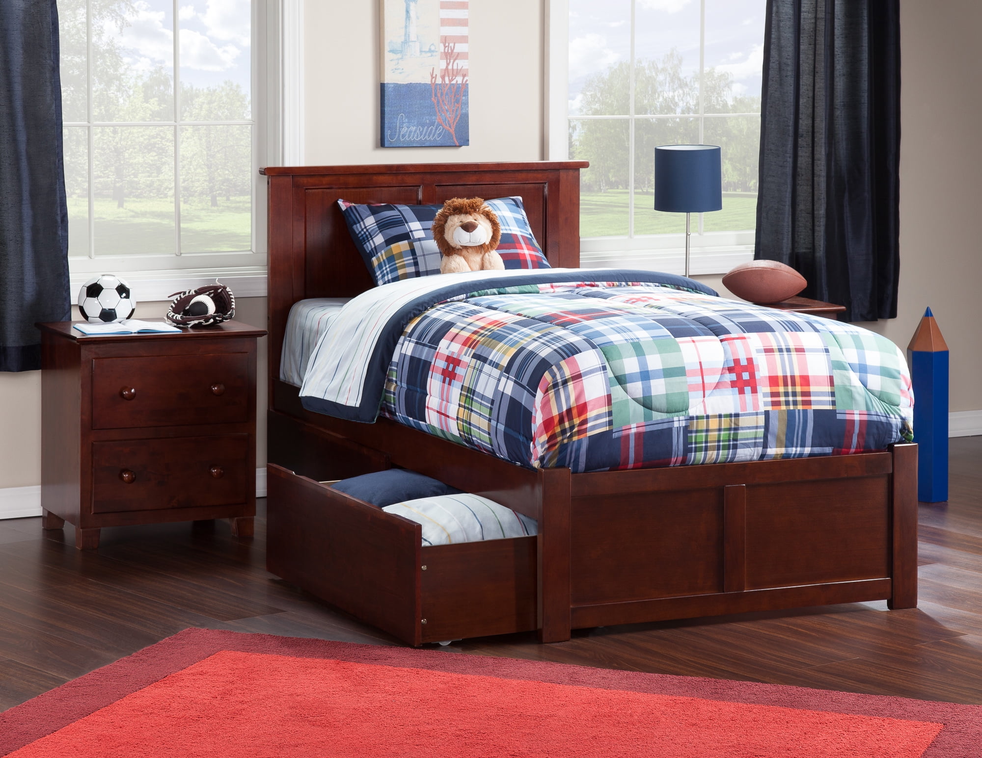Walnut Twin Platform Bed with Storage Drawers and Headboard