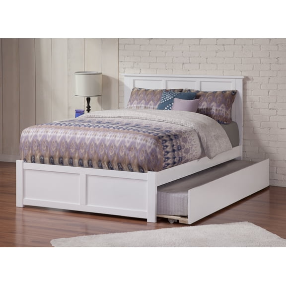 Madison Platform Bed with Flat Panel Foot Board and Twin Size Urban Trundle Bed in White, Twin