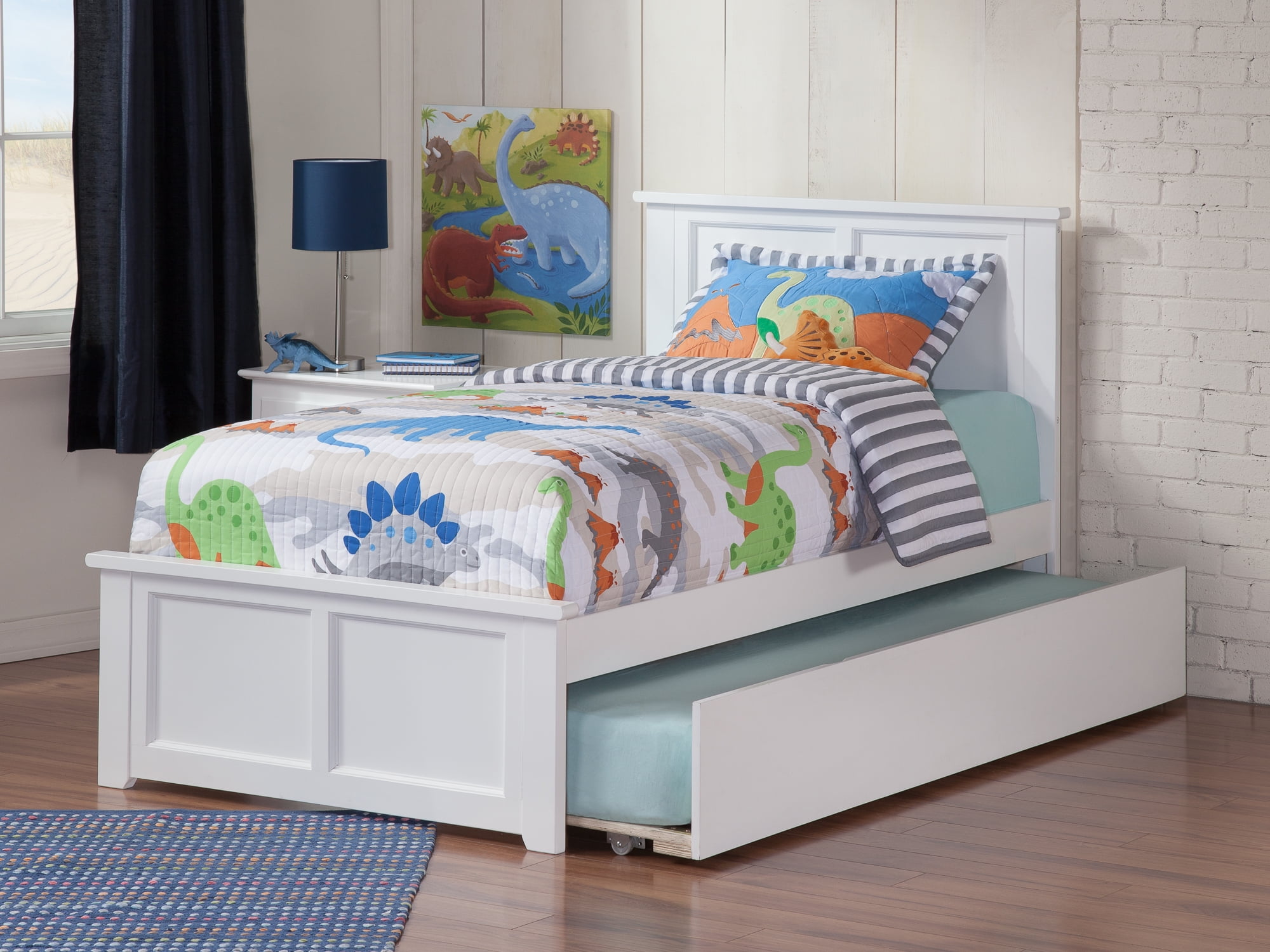 Madison White Twin Platform Bed with Urban Trundle and Upholstered Headboard