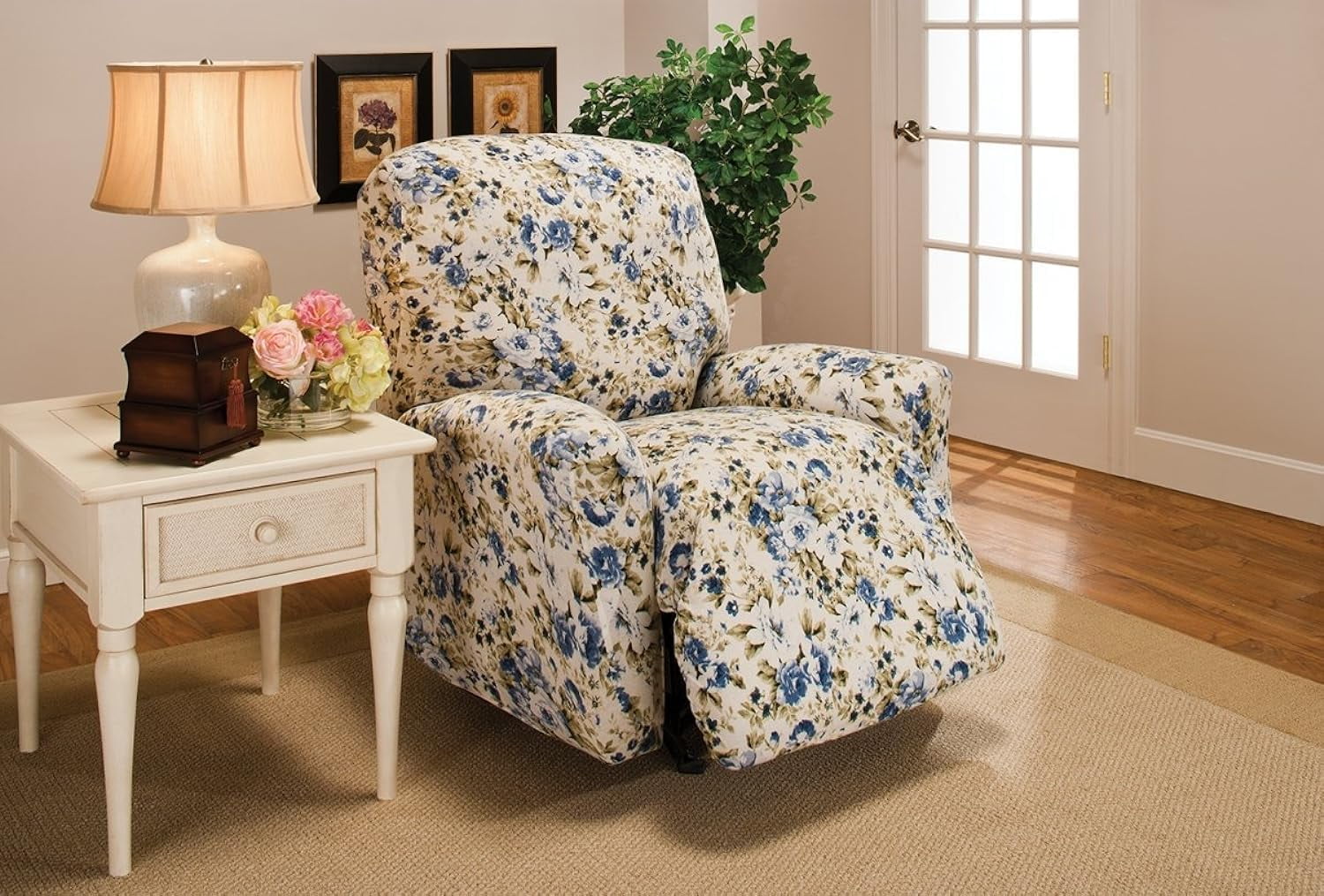 Cozy Knit Stretchable Recliner Slipcover in Floral Blue
