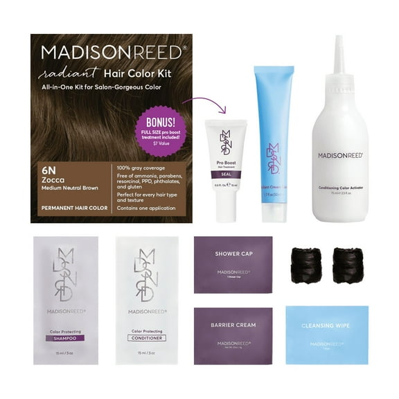 Madison Reed Radiant Permanent Hair Color Kit with Bonus Pro Boost, Zocca Brown (6N), Medium Neutral Brown