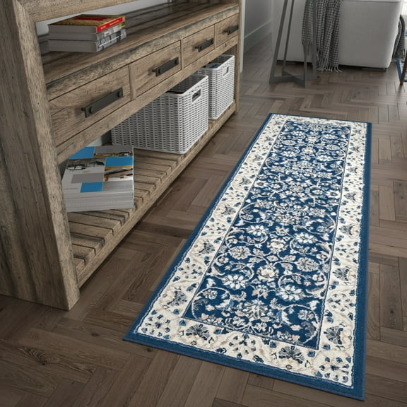 Madison Traditional 2' x 10' Dark Blue Polypropylene Indoor Area Rug