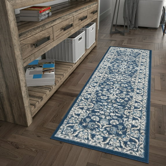 Madison Traditional 2' x 10' Dark Blue Polypropylene Indoor Area Rug