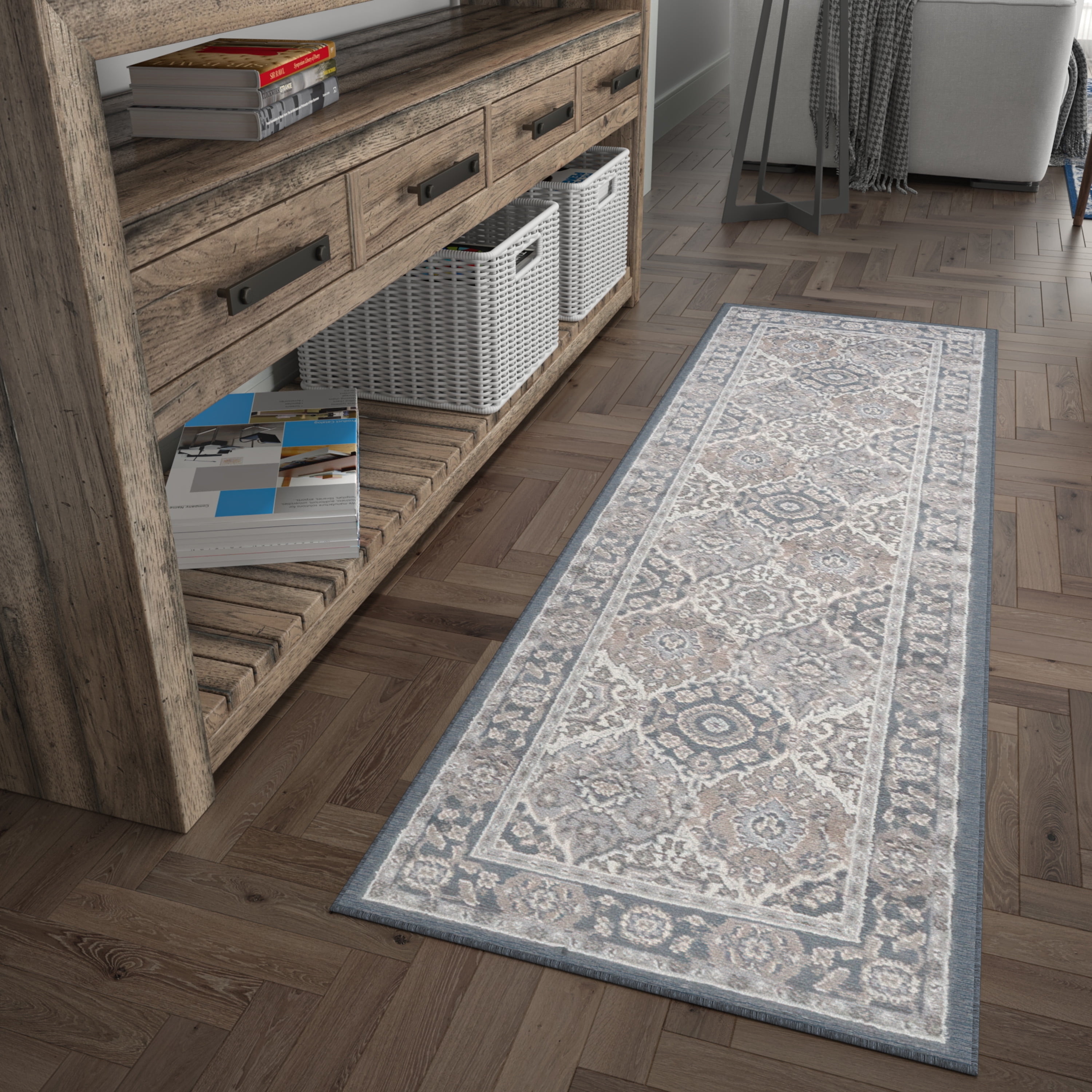 Madison Traditional 2' x 10' Gray and Cream Polypropylene Indoor Area Rug